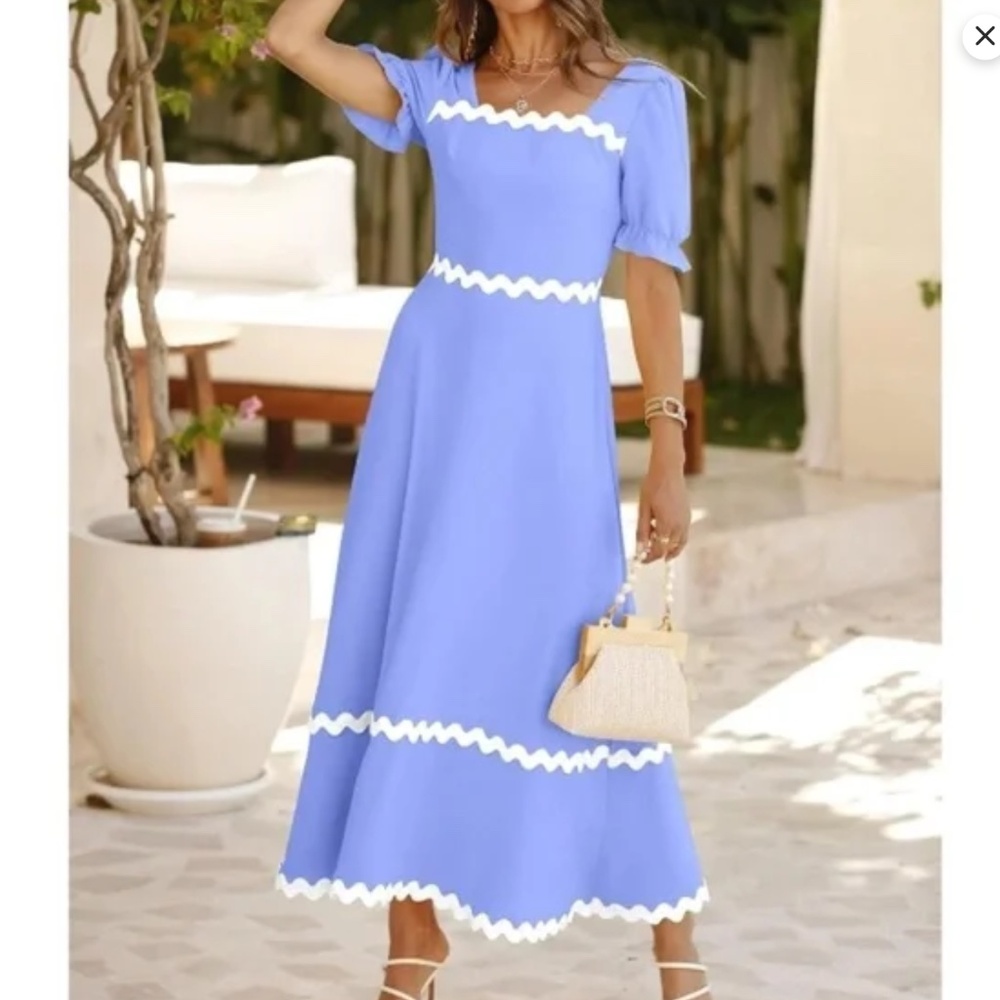 NWT Blue Flowy Maxi Dress w/ White Ric Rac Tie Back Smocked Puff Sleeves Size S